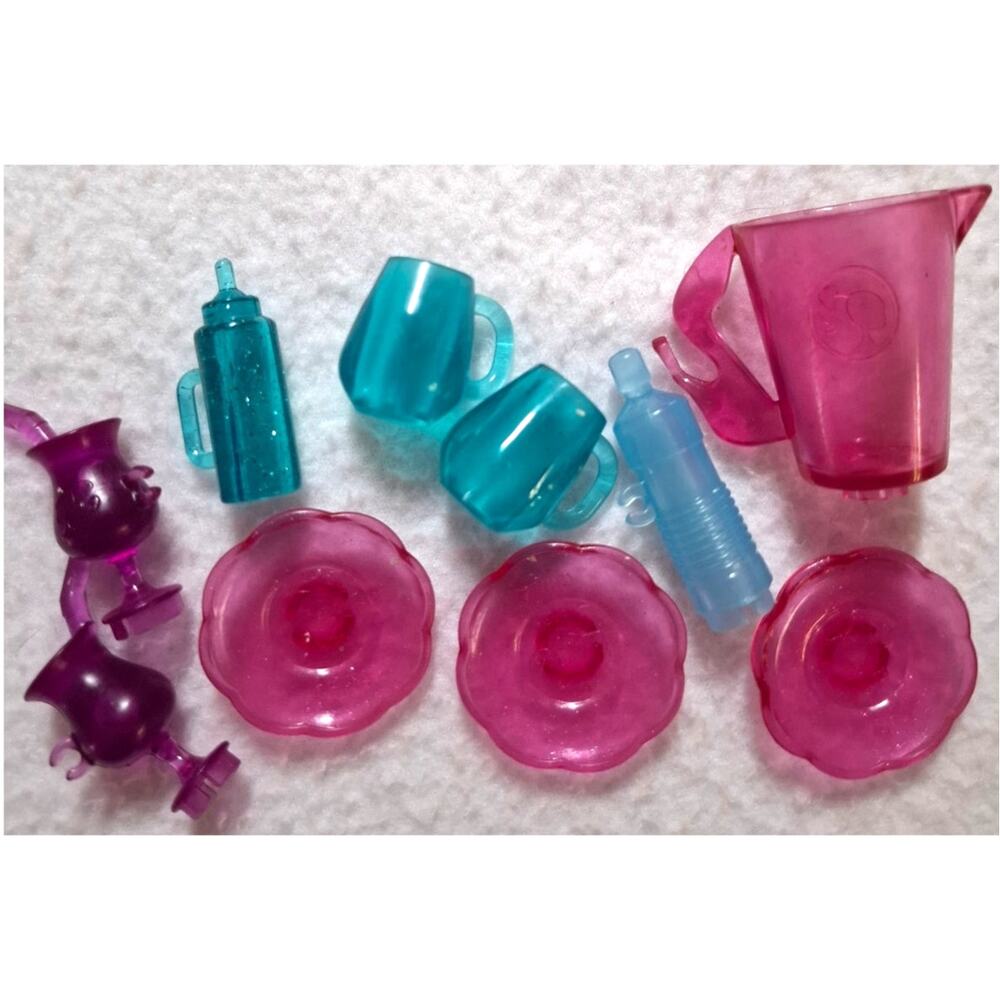 Barbie Translucent Kitchen Accessories Pink Teal Purple Pitcher Plates Glasses